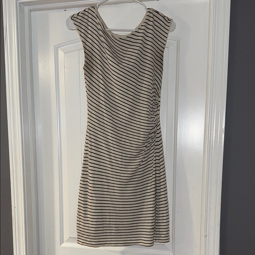 LOFT Black and White Ruched Cap Sleeve Mini Dress